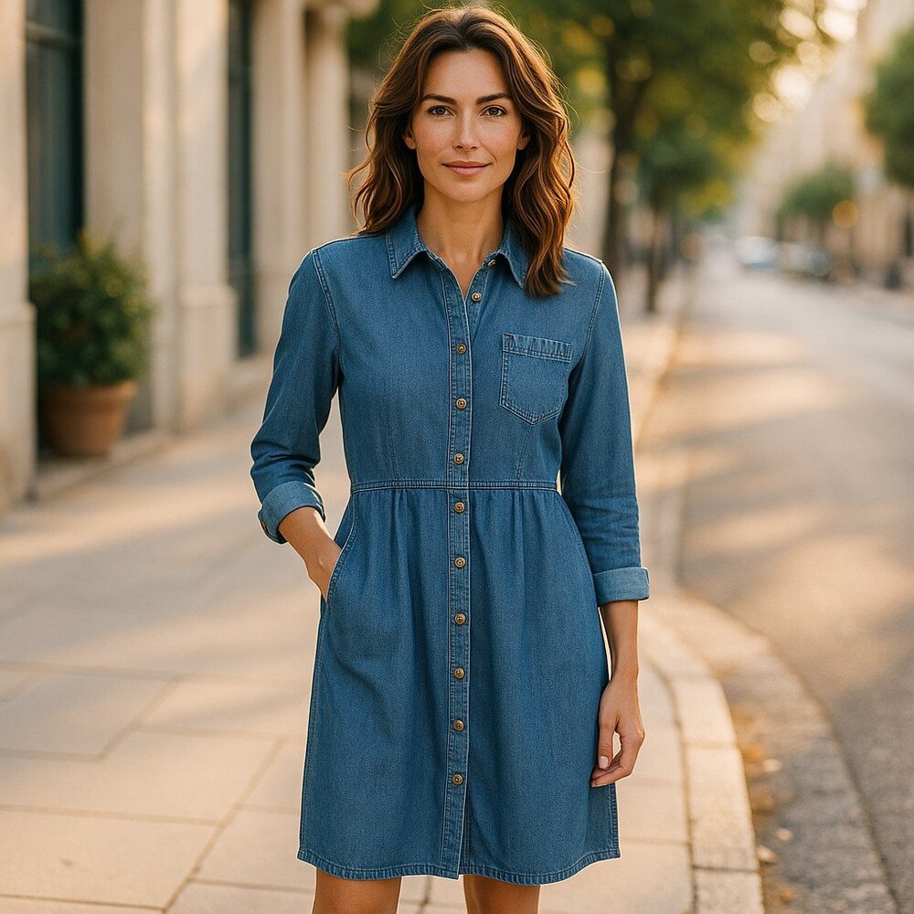 L.L. Bean Vintage Denim Button-Front Midi Dress-8 Petite - Picture 2 of 11